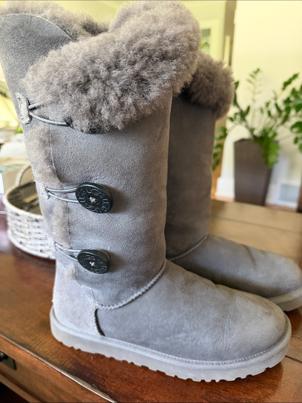 UGG Tall Button Suede Winter Boots in Grey